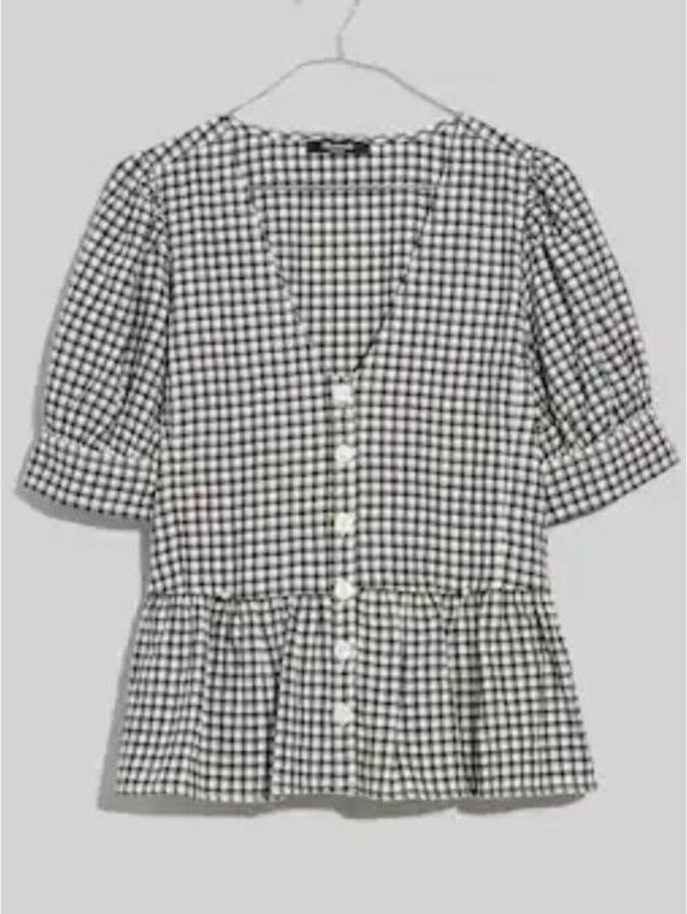 Madewell Black White Gingham Peplum Top Puff Sleeve Cottagecore XXS NWT